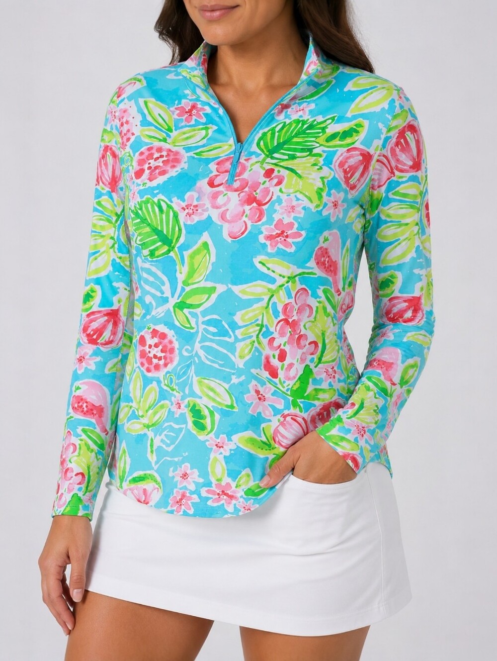 IBKUL Tutti Seafoam UPF 50+ Long Sleeve 1/4 Zip Floral Golf Tennis Top Size M